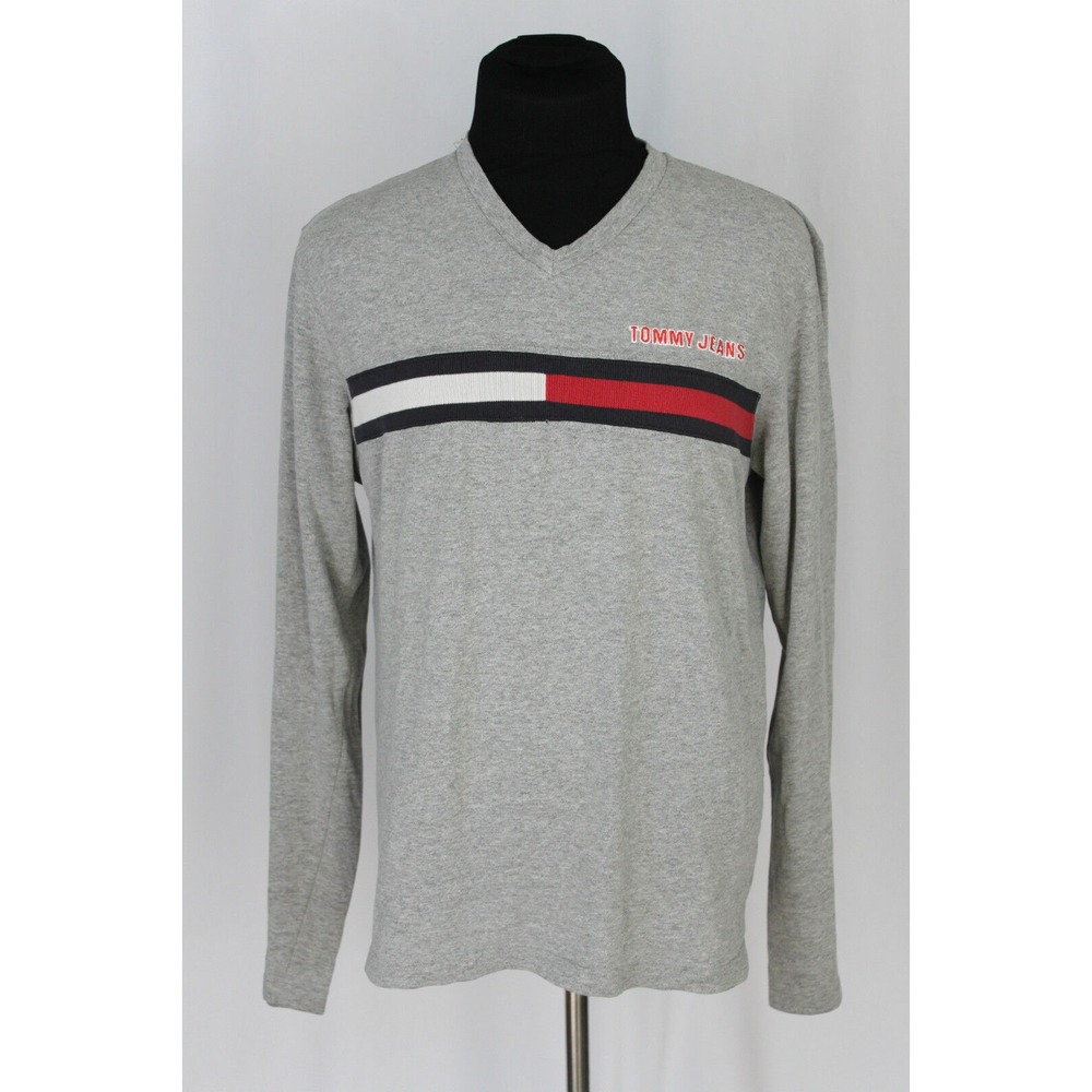 Vintage TOMMY HILFIGER JEANS Long Sleeve V-Neck T-Shirt Flag Logo Sz M‎